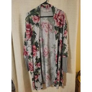 1XL Women's Long Floral Cardigan Duster with Pockets and Striped Sleeve Ends